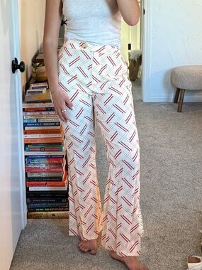 Wide-Leg Cream Pants with Red Geometric Print